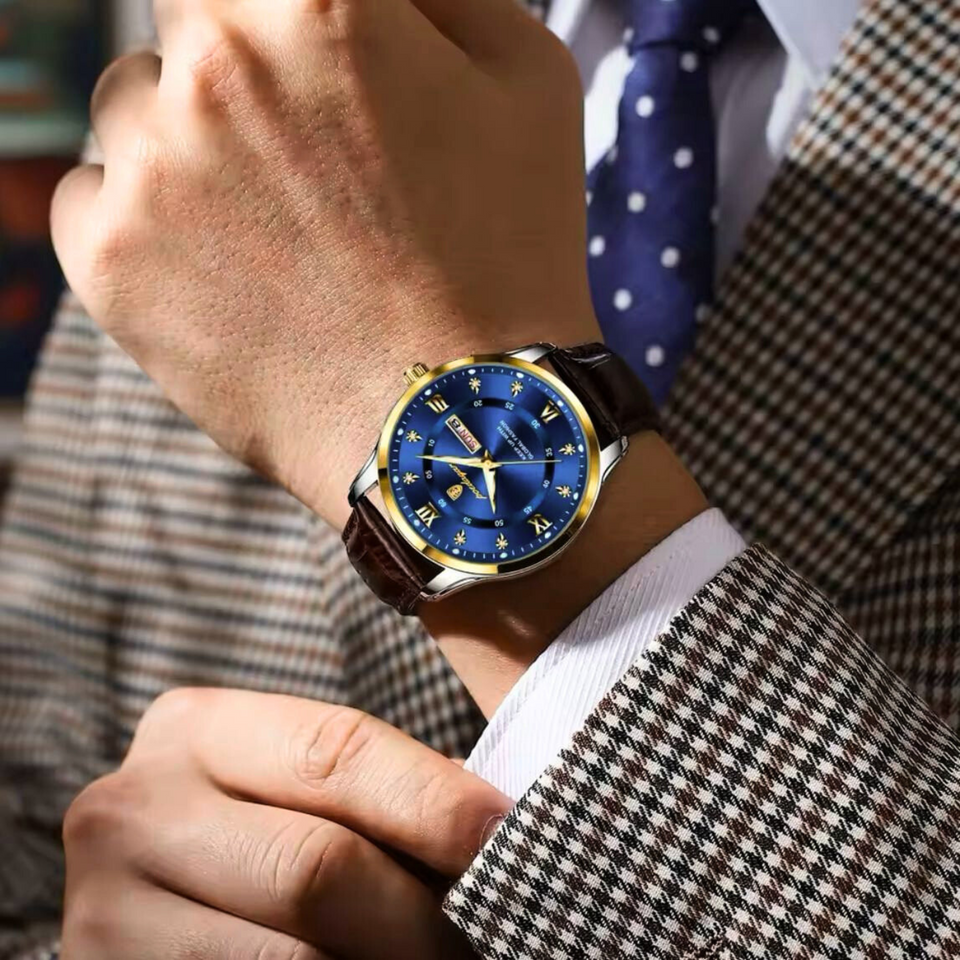 Poedgar™ Reloj Hombre Fondo Azul Oscuro Correa de Cuero