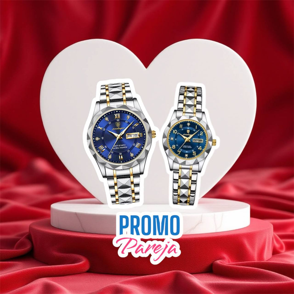 Poedgar™ Reloj Pareja Fondo Azul Correa de Acero